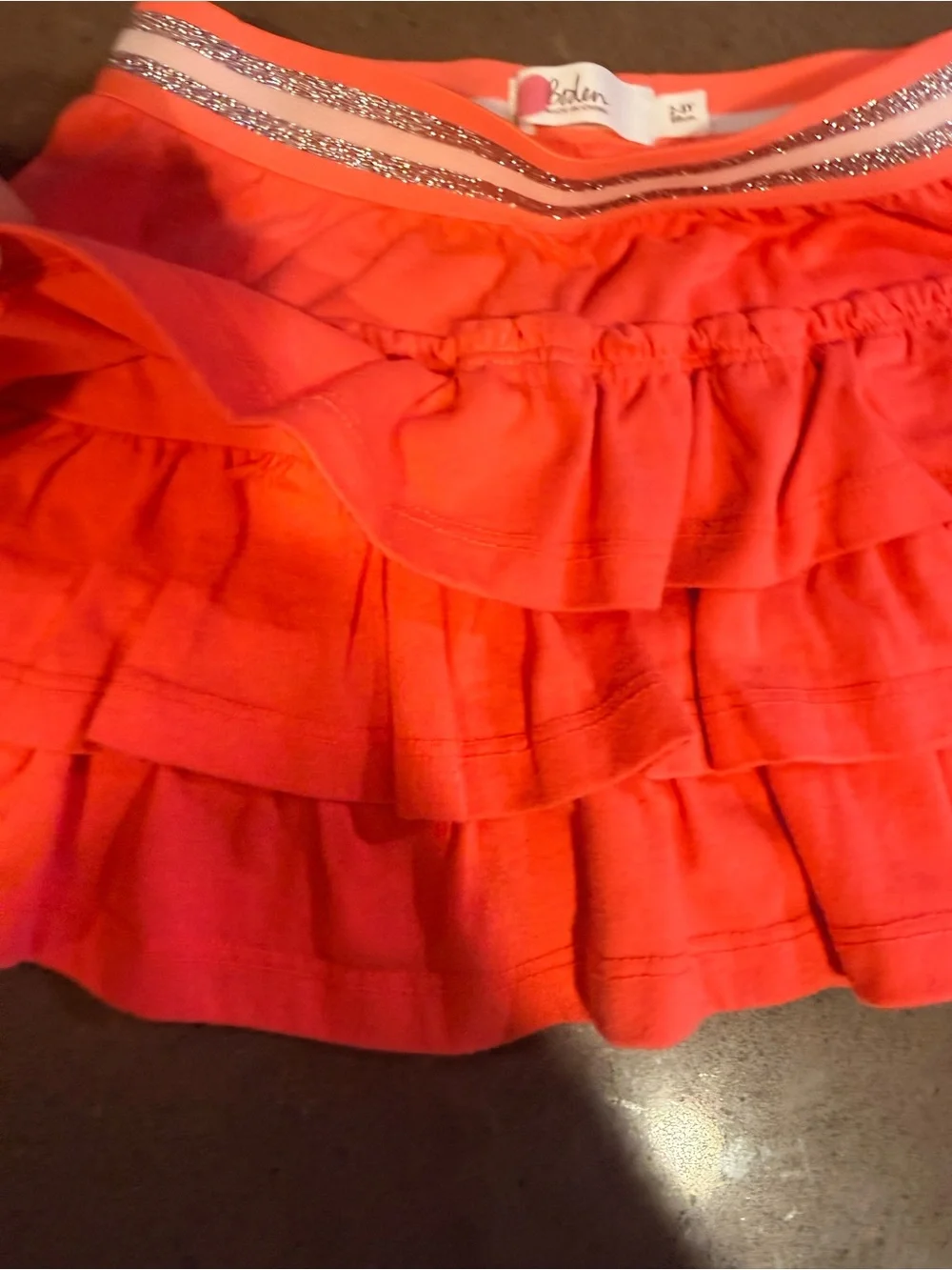 Mini Boden Coral Pink Tiered Ruffle Mini Skirt with Glitter Waistband